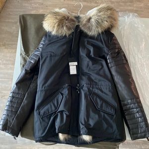 Leather sleeve parka with fur hood